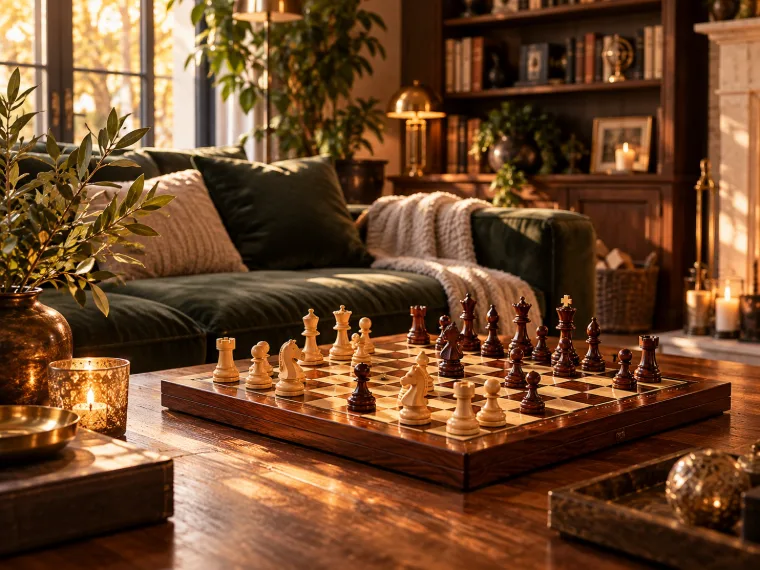 Échiquier en bois en décoration sur une table basse