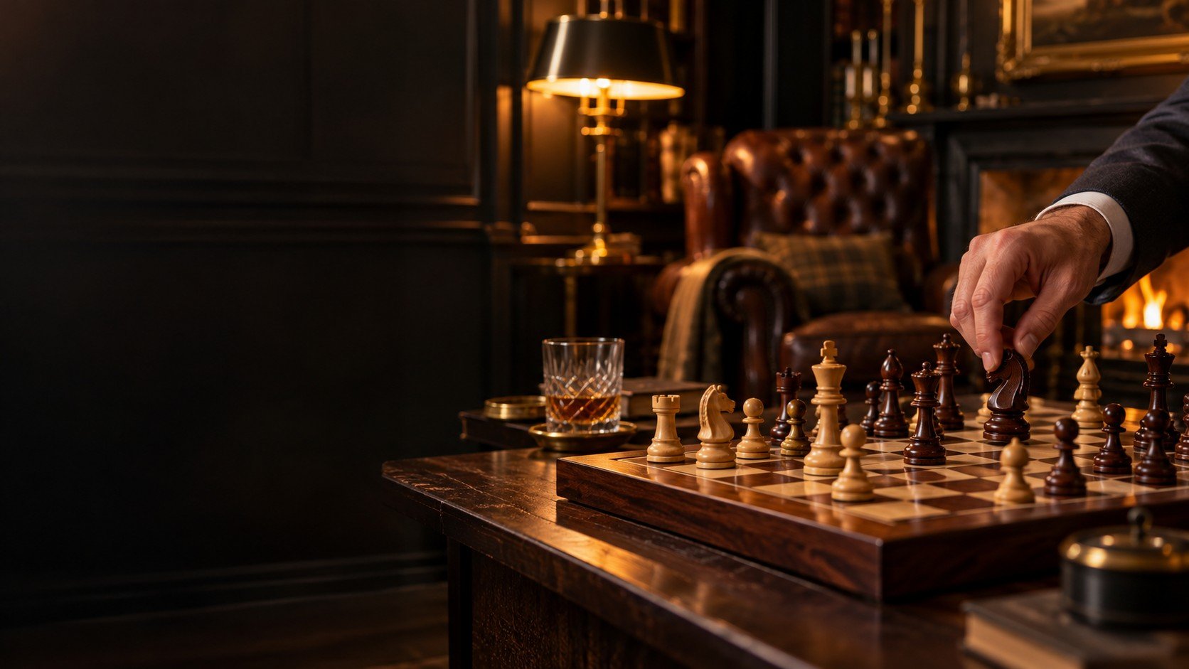 Jeu d'échecs en bois sur une table de salon, partie en cours