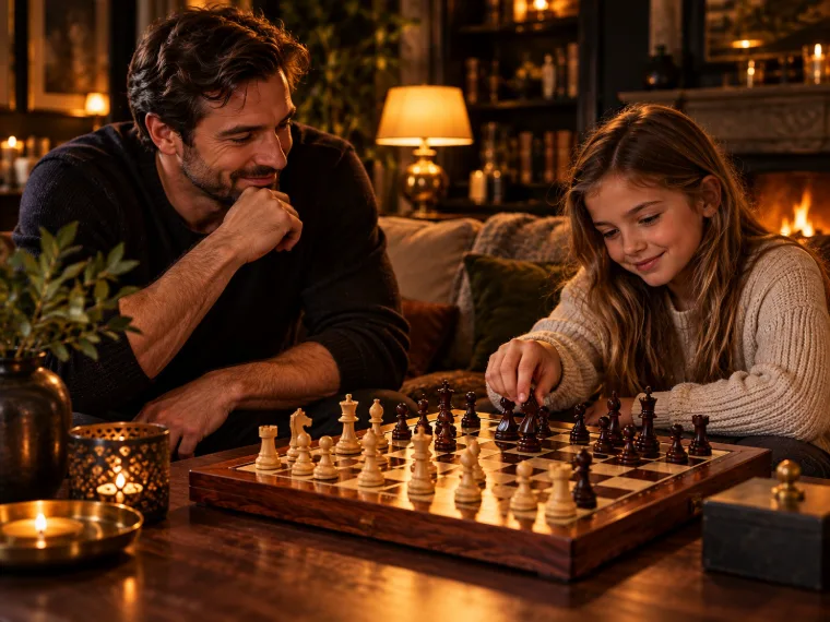 Partie d'échecs en famille au salon