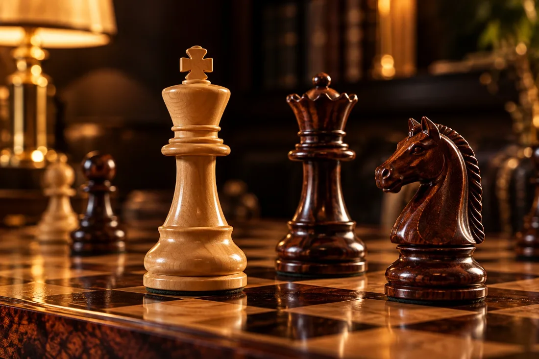 Pièces d'échecs en bois tourné et sculpté
